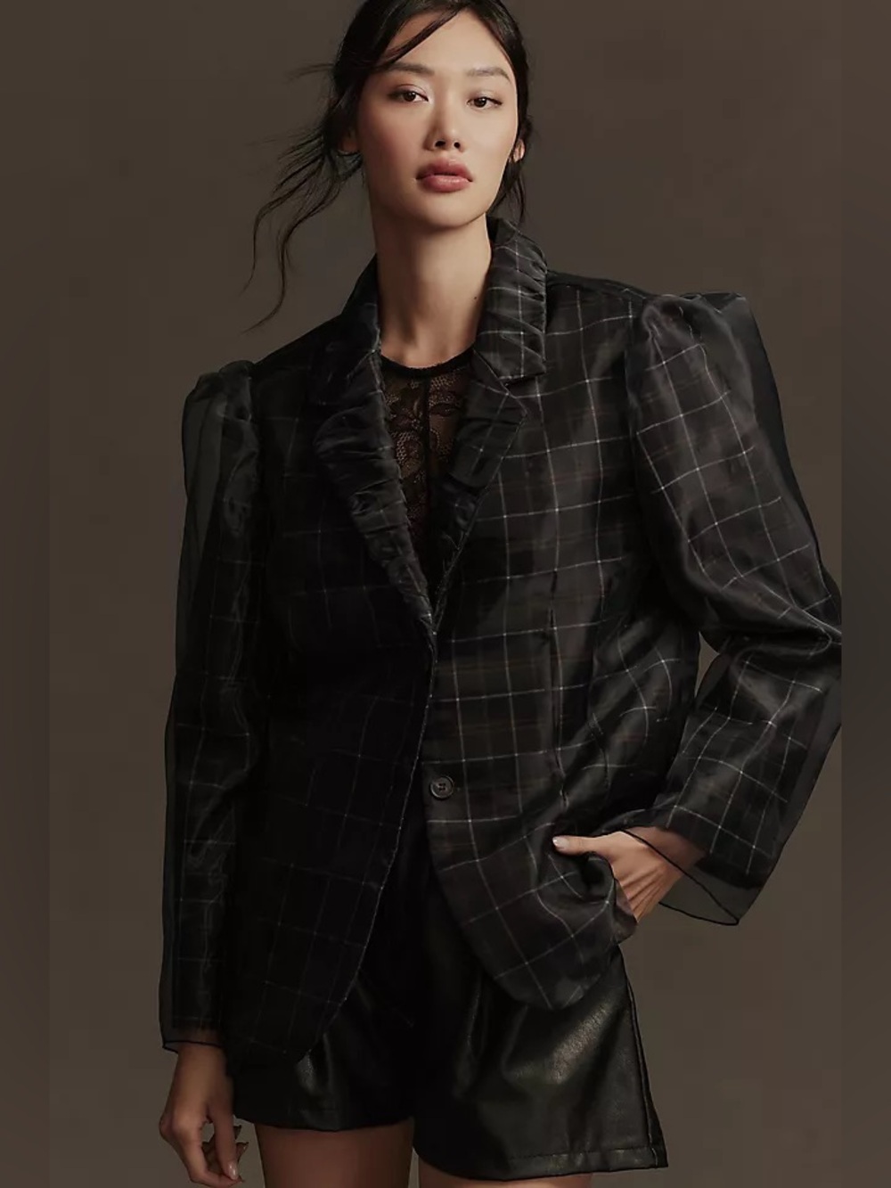 Anthropologie Tulle Overlay Plaid Blazer
